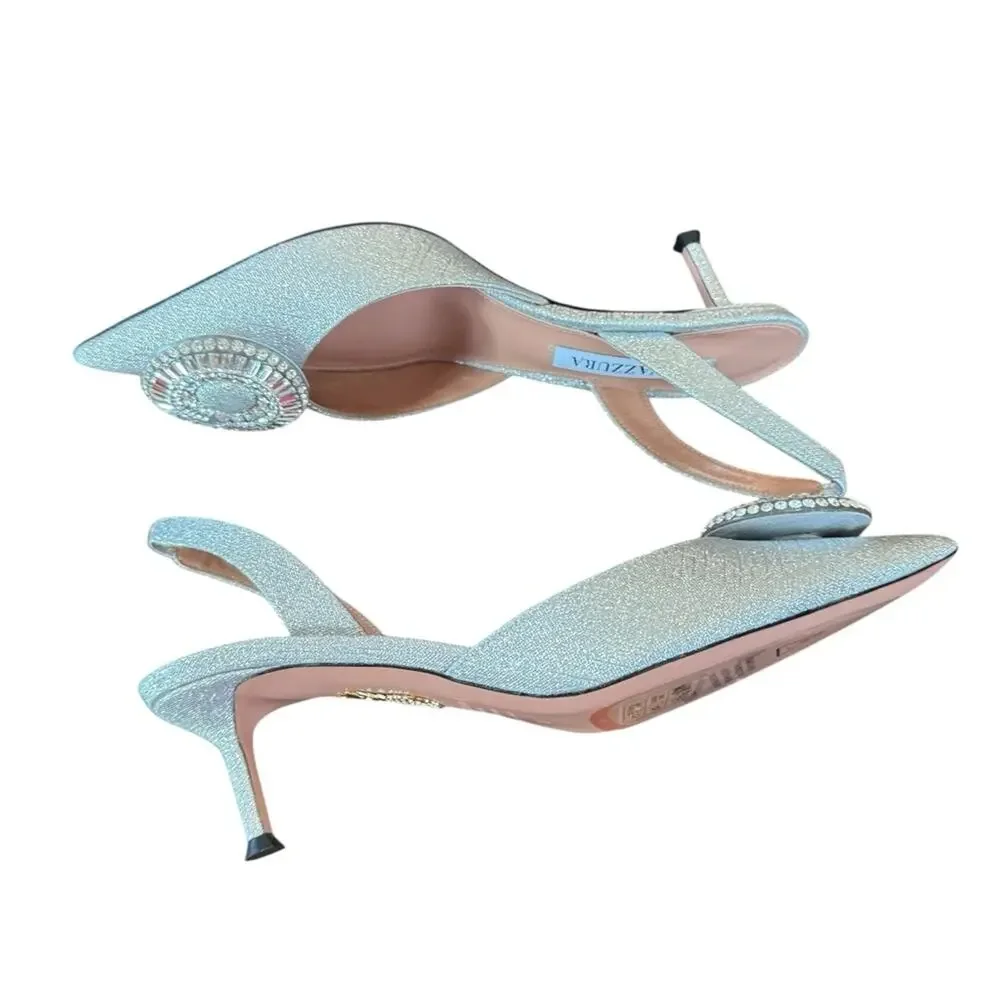Aquazzura Crystal Hoop 50 Slingback Pumps Kitten Heel Silver NEW EU 37 US 7